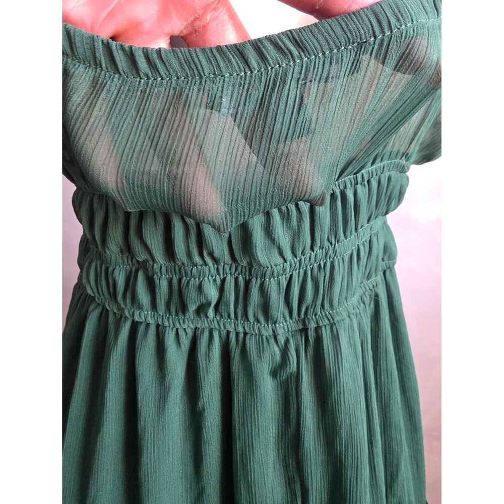 Women's Sleeveless Deep Green V Neck Dress Ruffle Tiered Midi Sz L Babydoll - Picture 7 of 9